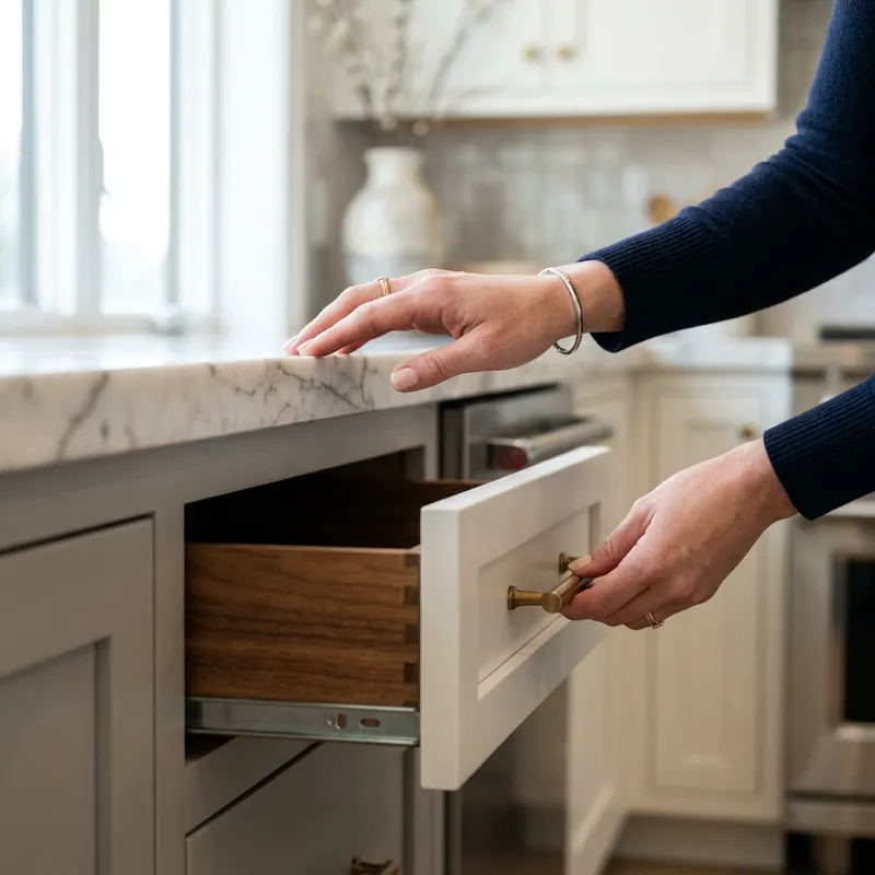 Close-up of hands inspecting model home cabinetry detail