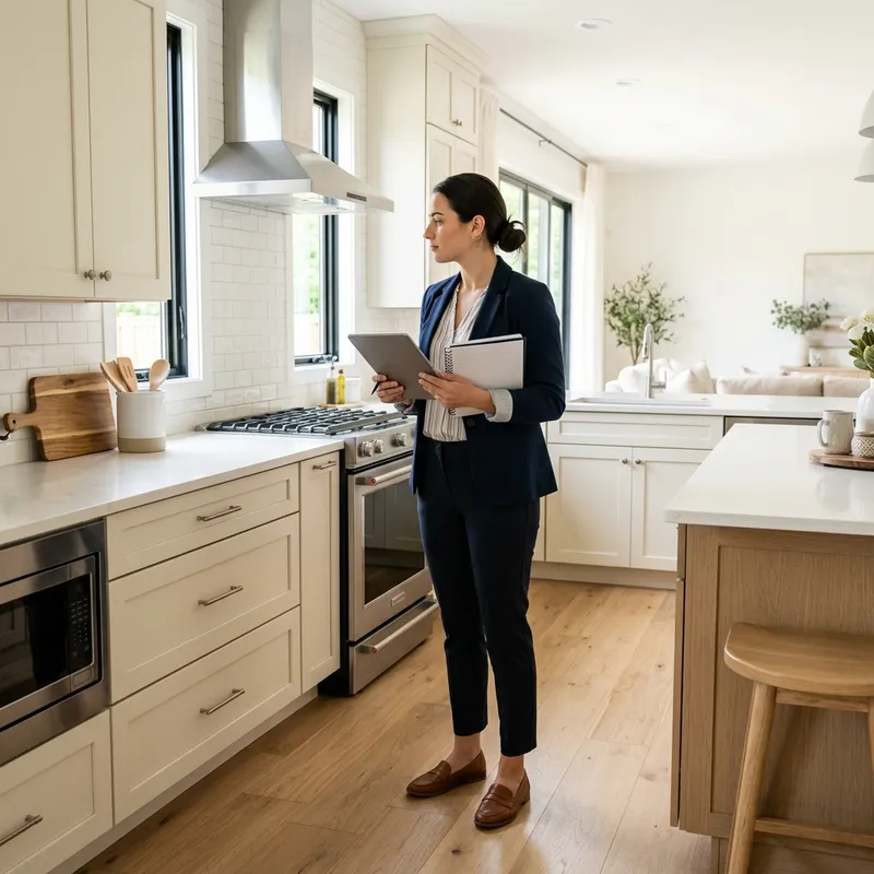 Woman evaluating model home kitchen with notepad
