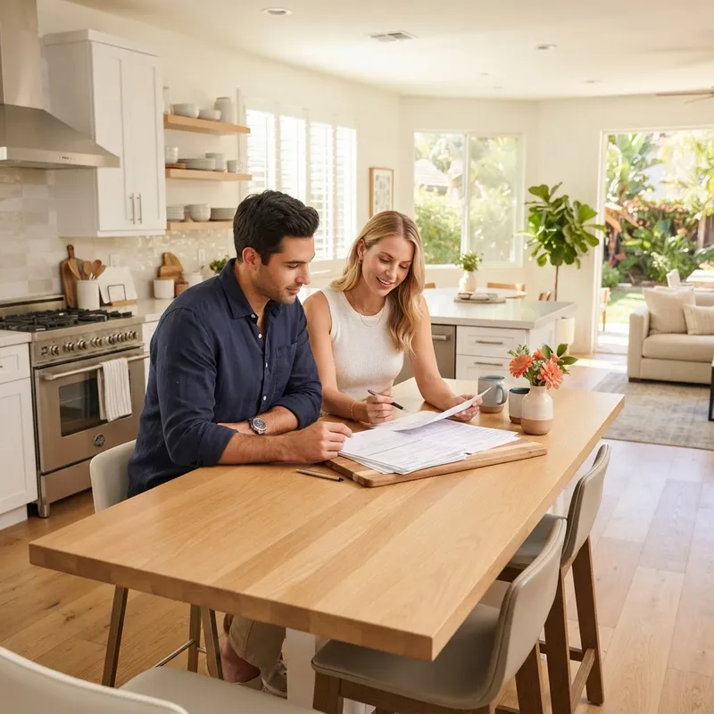 Couple reviewing home mortgage documents in a modern kitchen