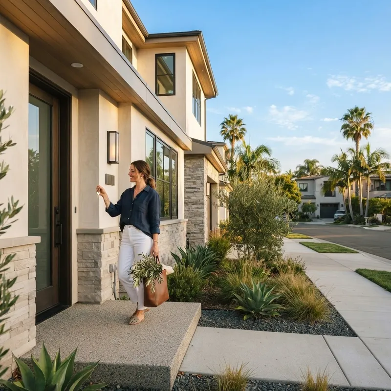 New homeowner holding a key in front of a house