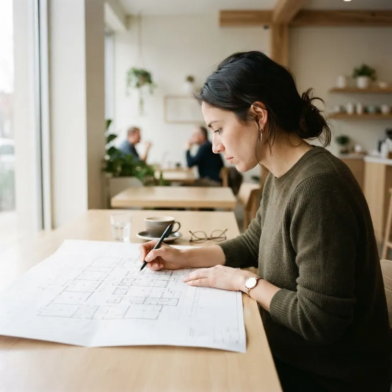 Person reviewing modern residential floor plans at a table