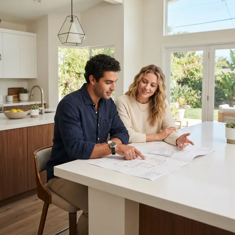 A couple reviewing home plans in a modern kitchen