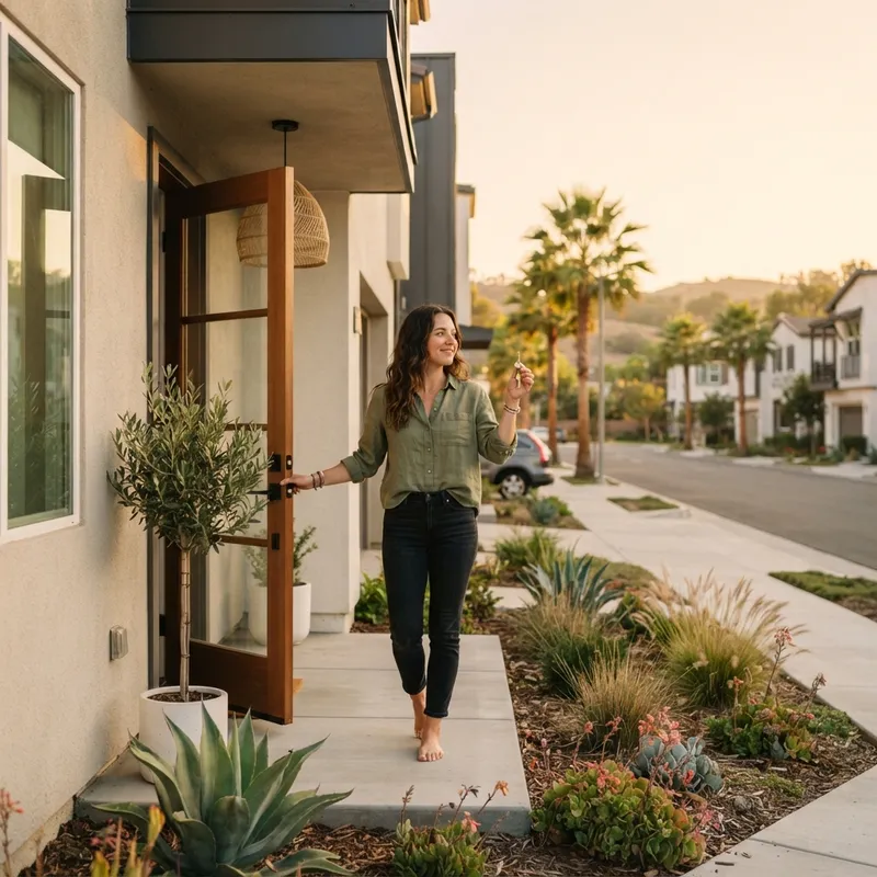 A new homeowner holding a key in a sunlit suburb