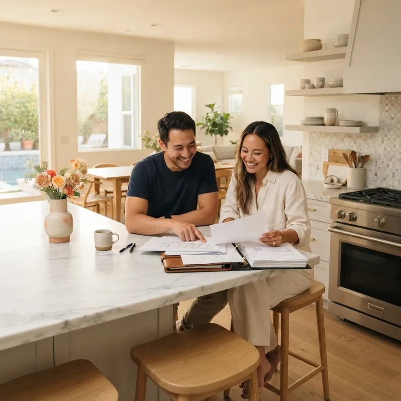 A couple confidently reviewing home documents in a new kitchen