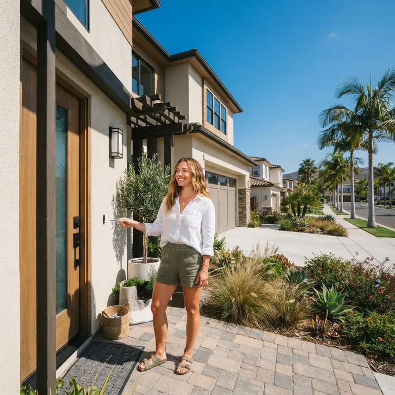 A new homeowner holding a key in front of their house