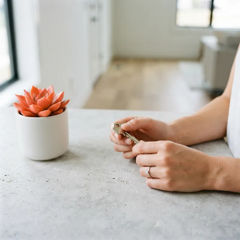 A person holding a new house key with a succulent