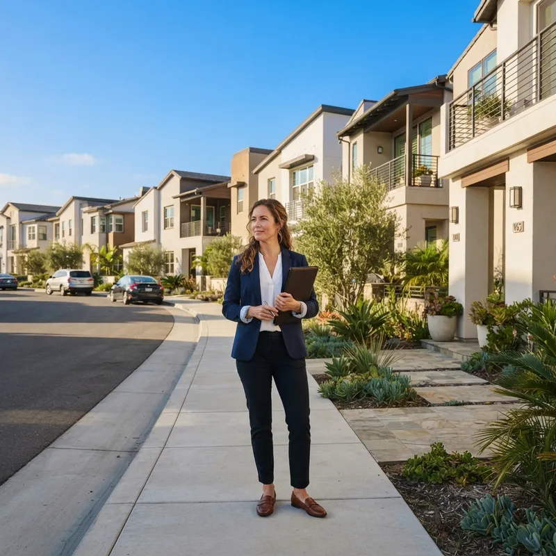 Modern suburban townhomes on a sunny California street