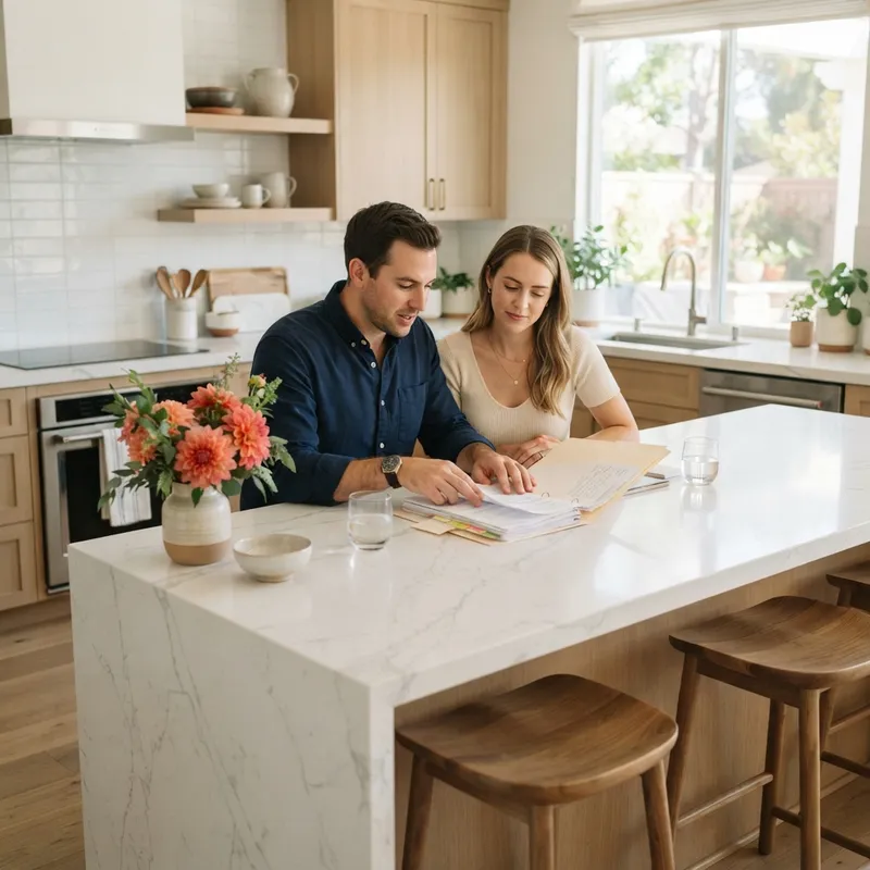 Couple reviewing home mortgage documents at a kitchen island