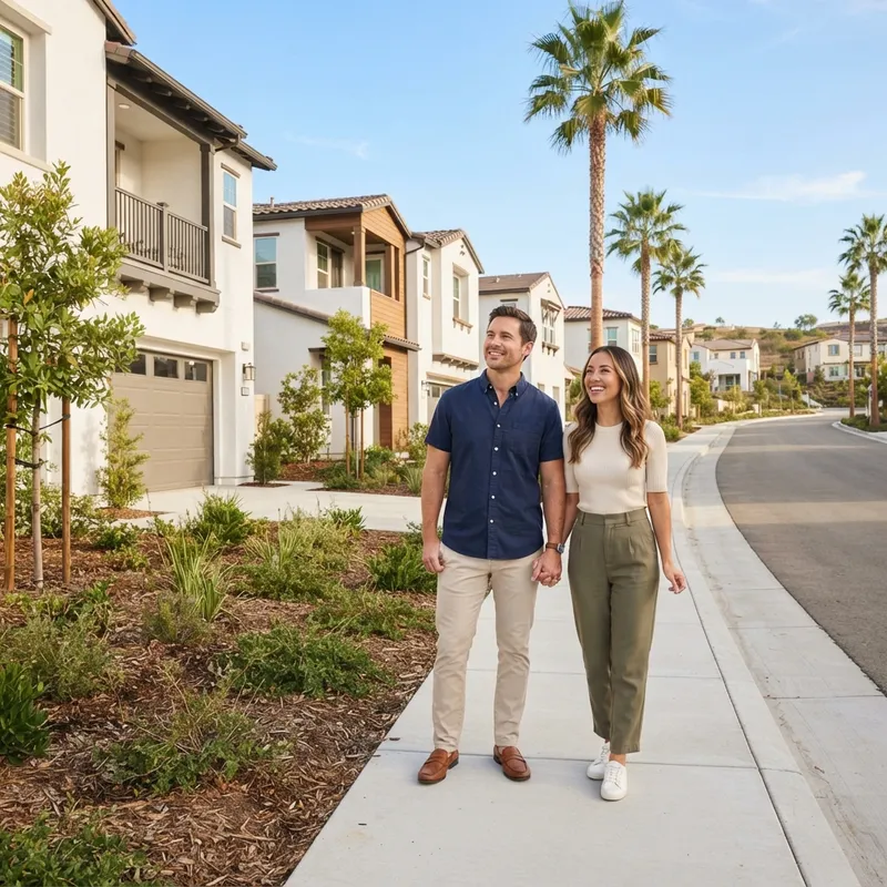 Couple standing confidently in front of a new suburban home