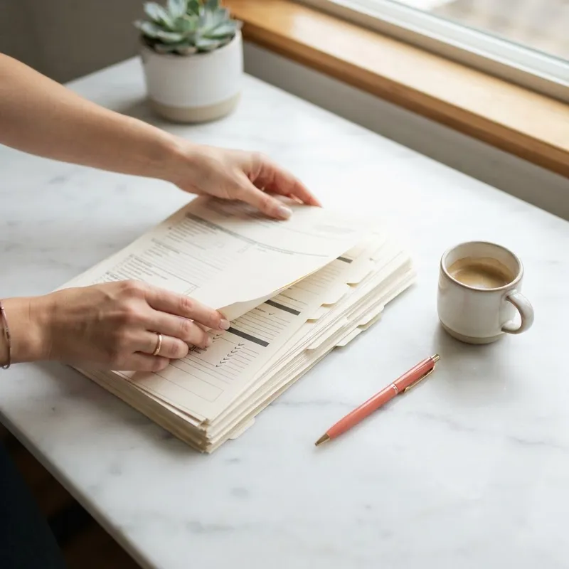 Organized mortgage paperwork on a bright kitchen counter