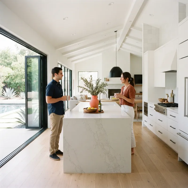 A couple standing in a modern sunlit kitchen