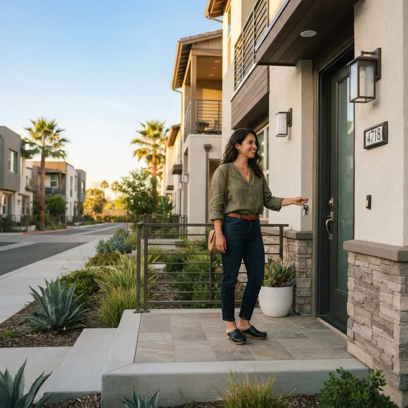 A homeowner holding keys in front of a new townhouse