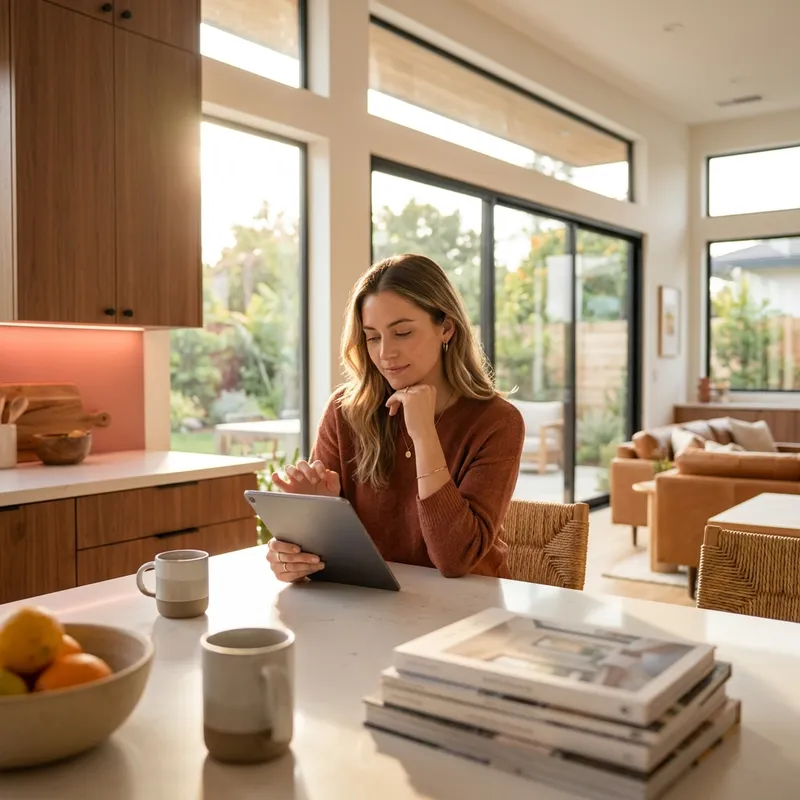 Buyer reviewing loan documents at kitchen island