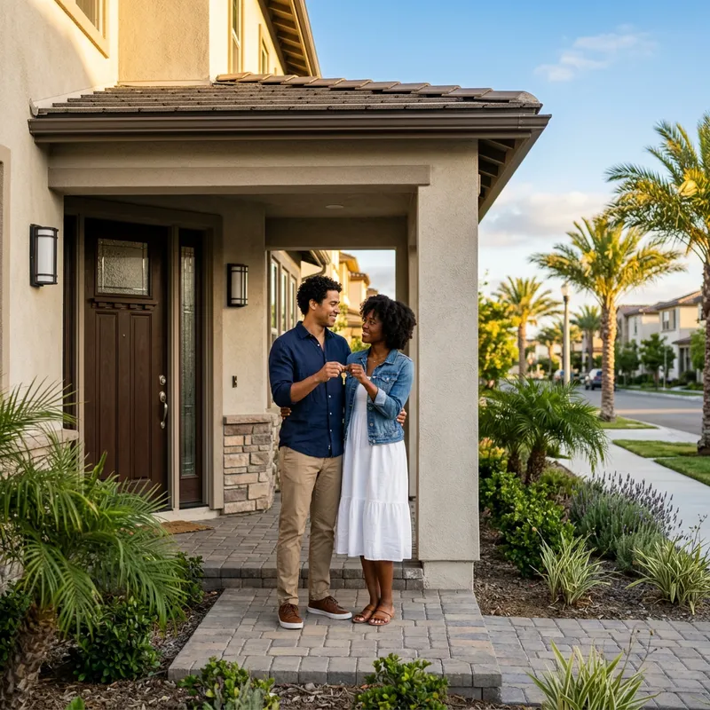 Couple holding key on newly built home porch