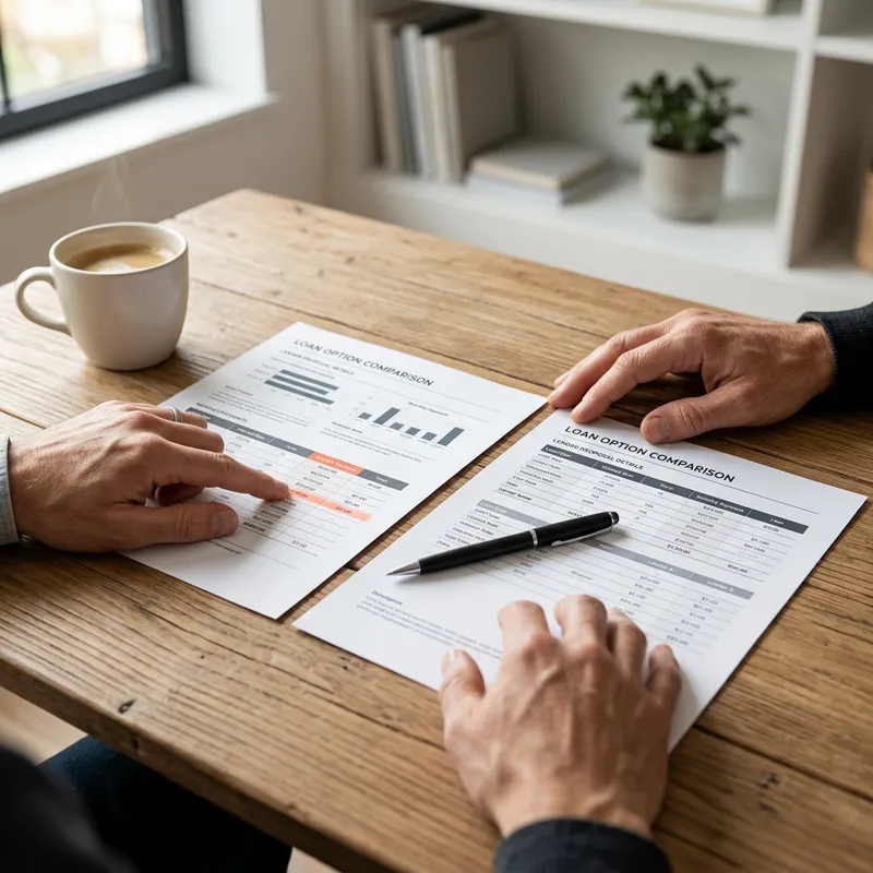 Hands comparing mortgage rate documents