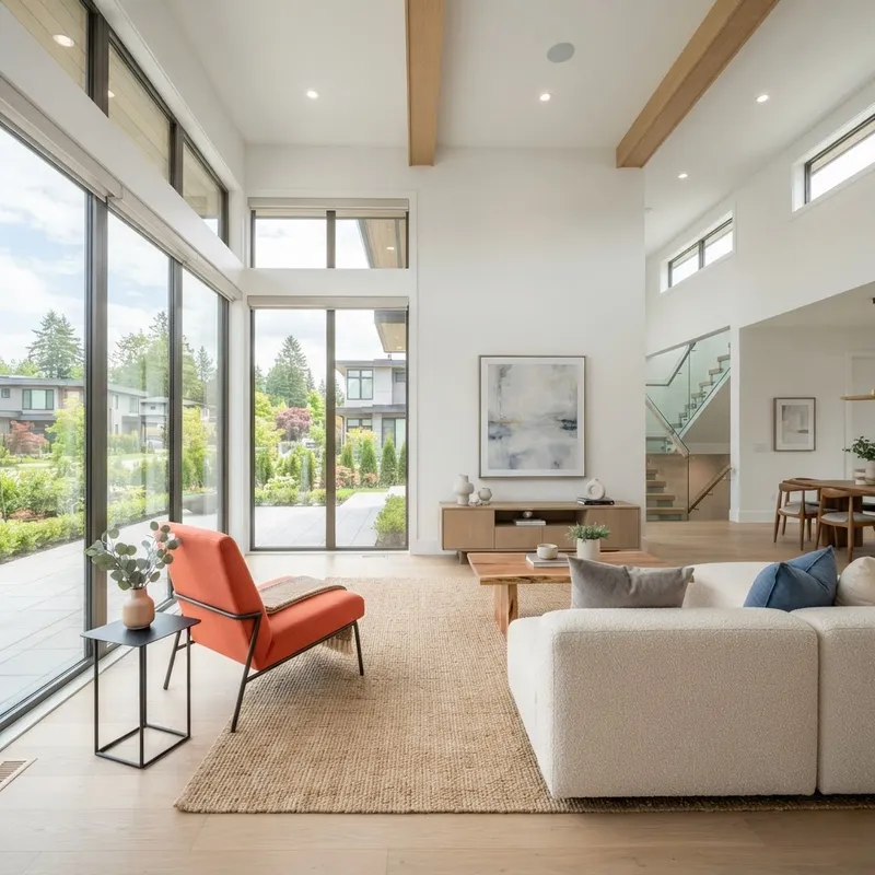 Modern living room with neutral decor and accent chair