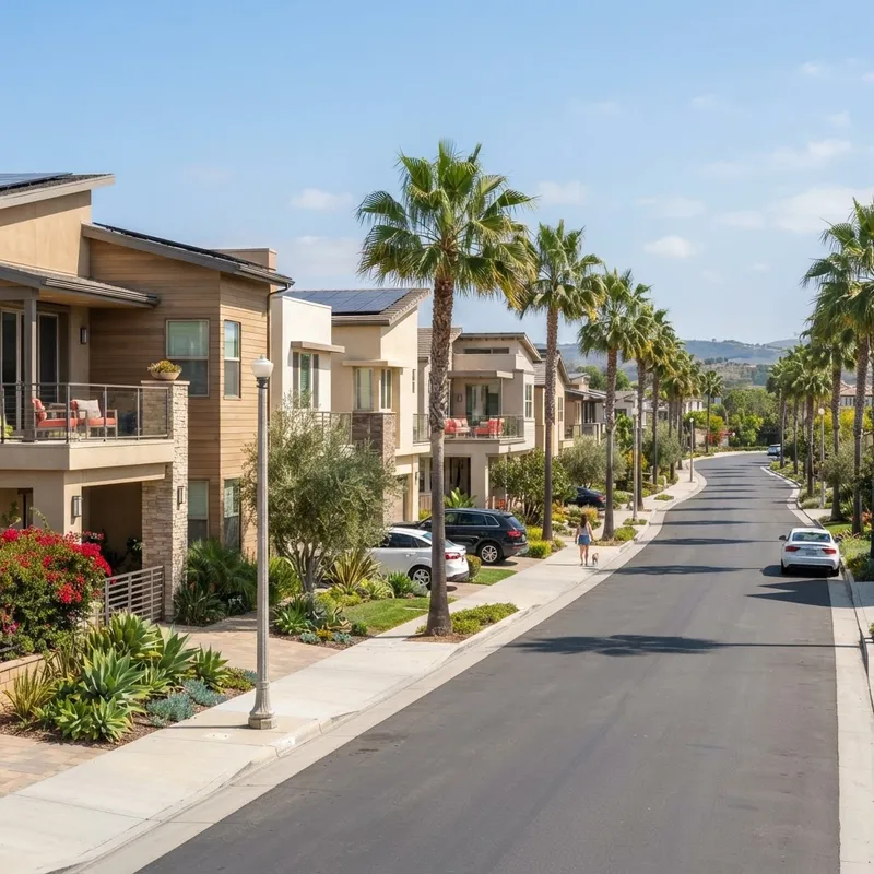 A sunlit modern suburban neighborhood in Orange County