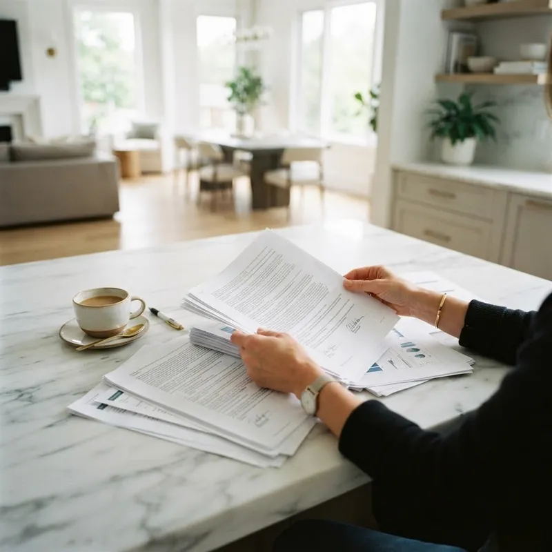 Reviewing physical real estate documents on a kitchen island