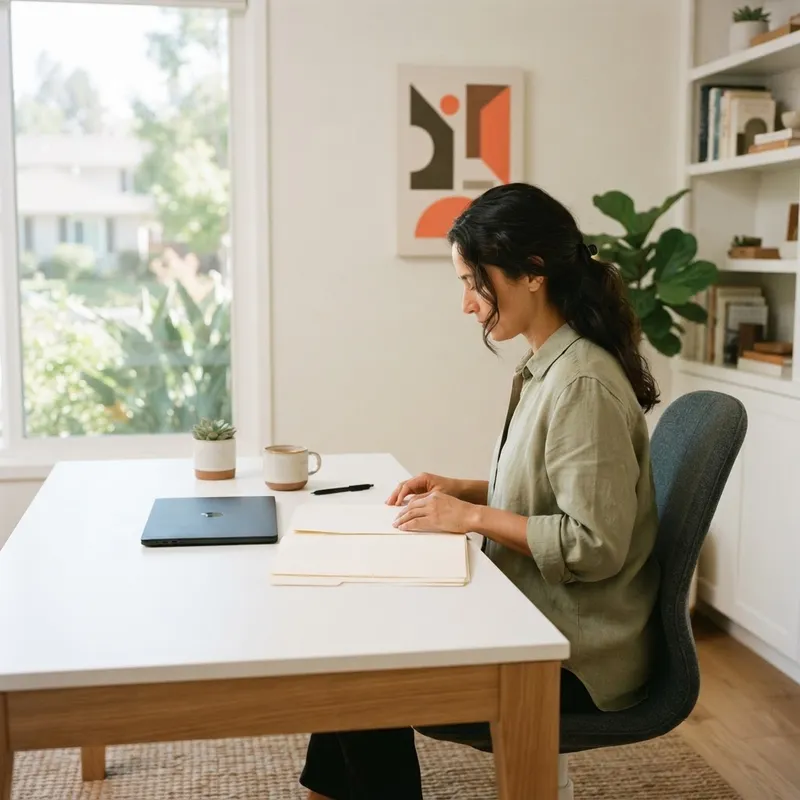 A person reviewing printed documents in a bright home office