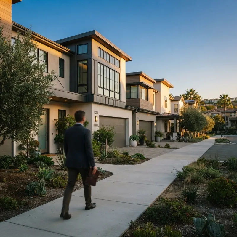 A person walking toward a new townhome in a suburban community