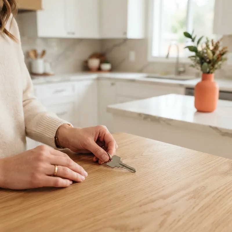 Close up of a house key on a clean modern kitchen island