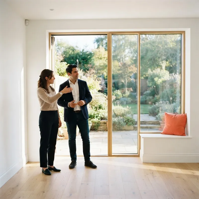 Two people discussing features in a new home