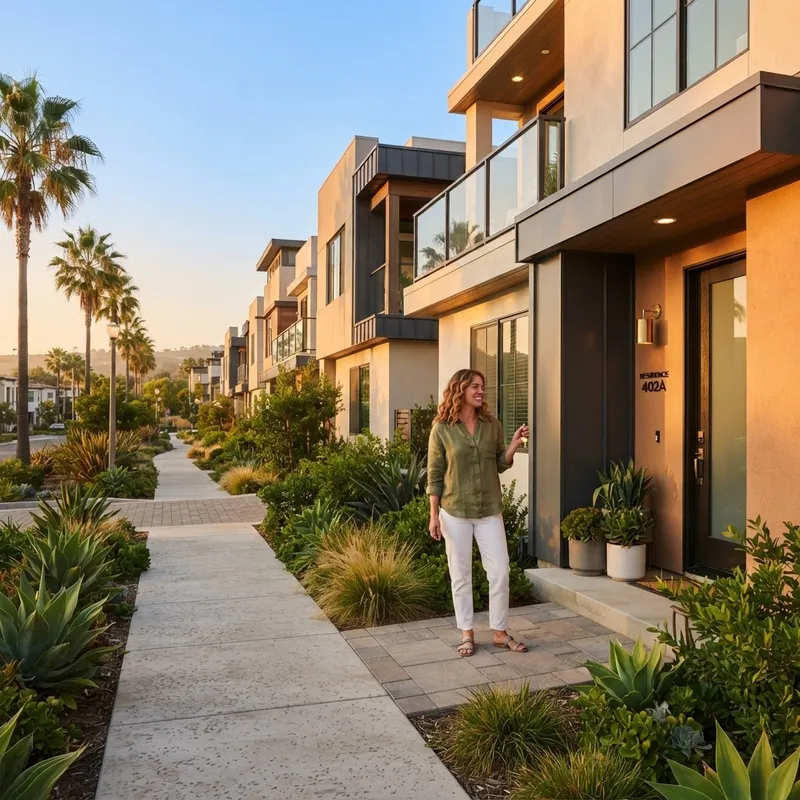 A new homeowner standing outside a new construction townhouse
