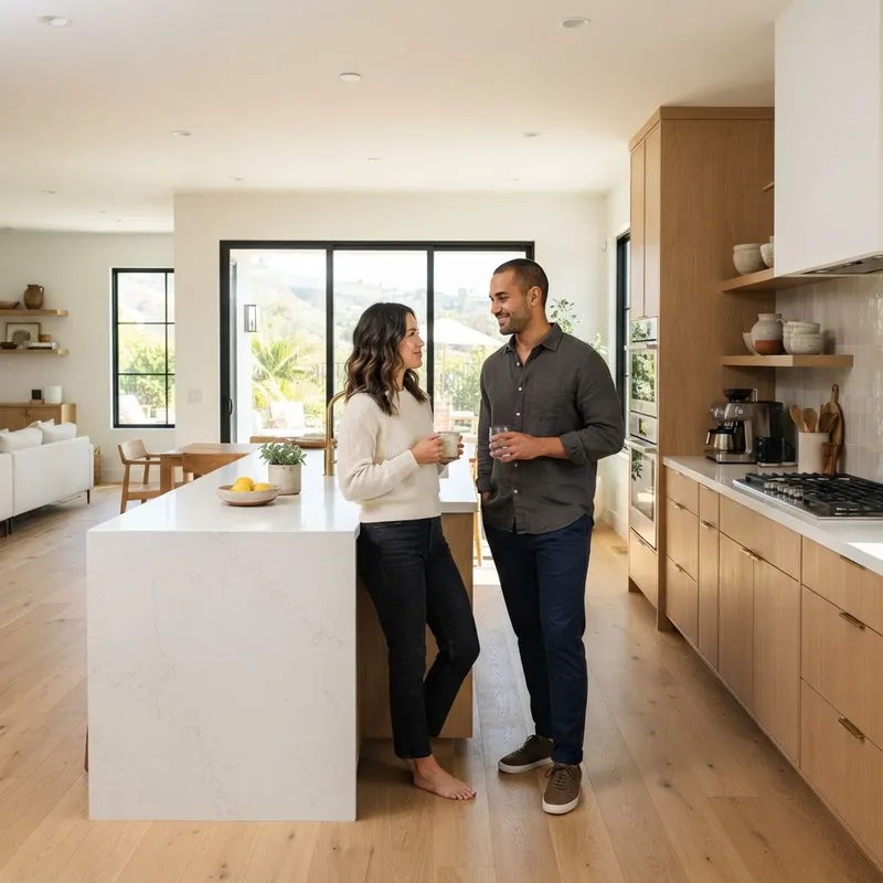 Couple standing in a modern open concept kitchen