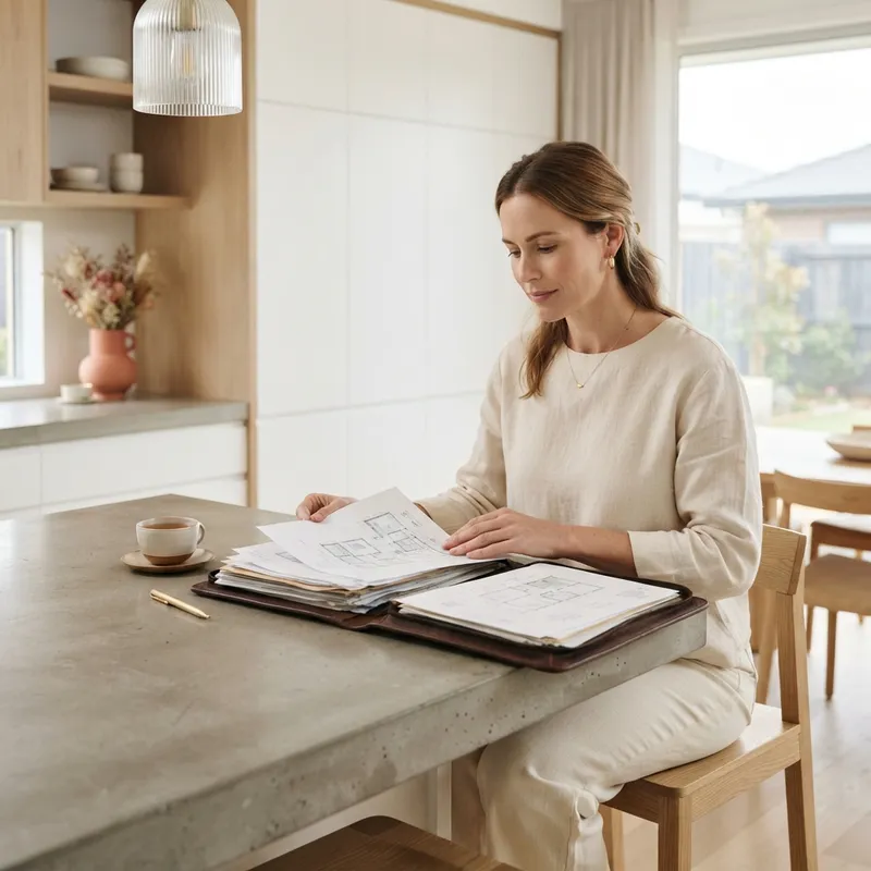 Person reviewing paperwork at a kitchen island
