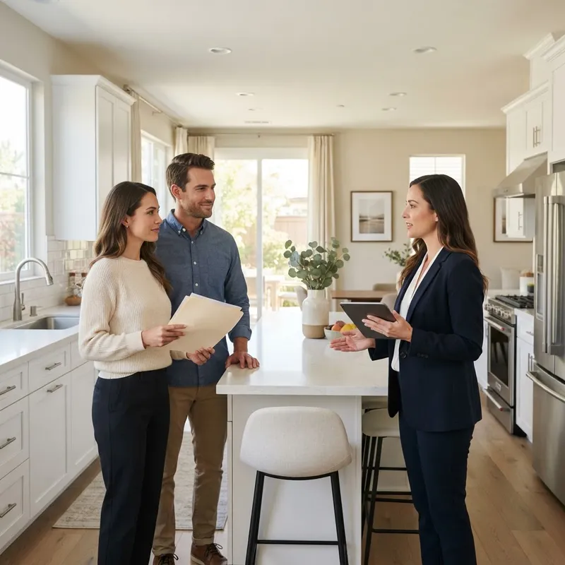 A couple having a calm conversation in a model home kitchen