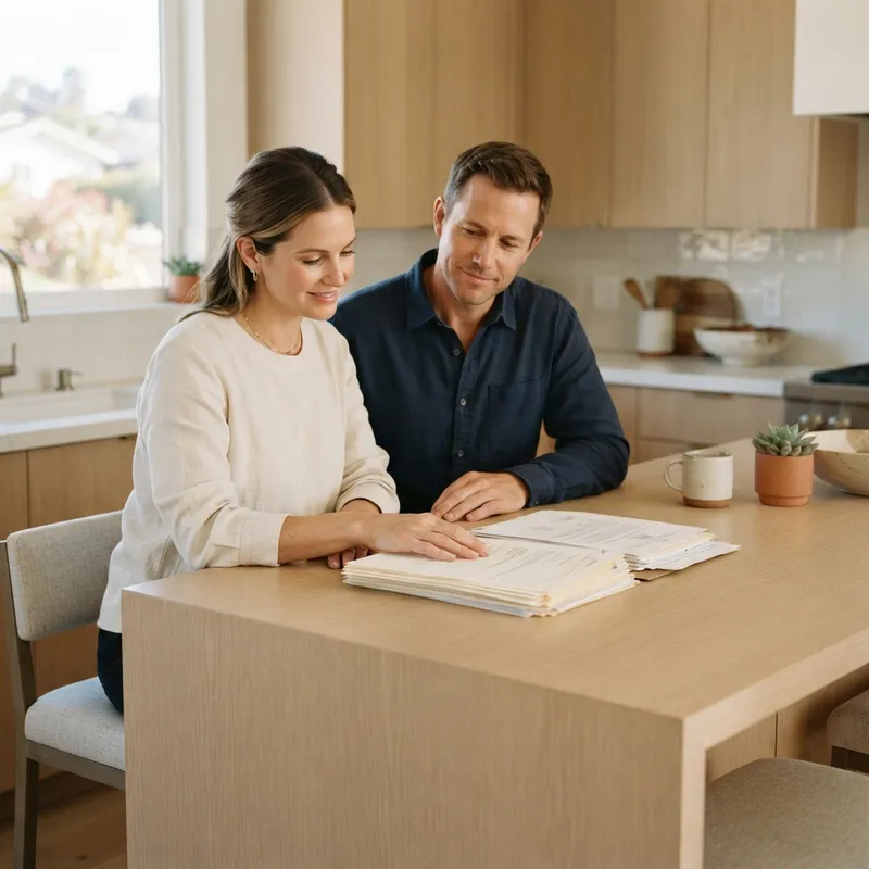 Two people reviewing property documents on a kitchen island