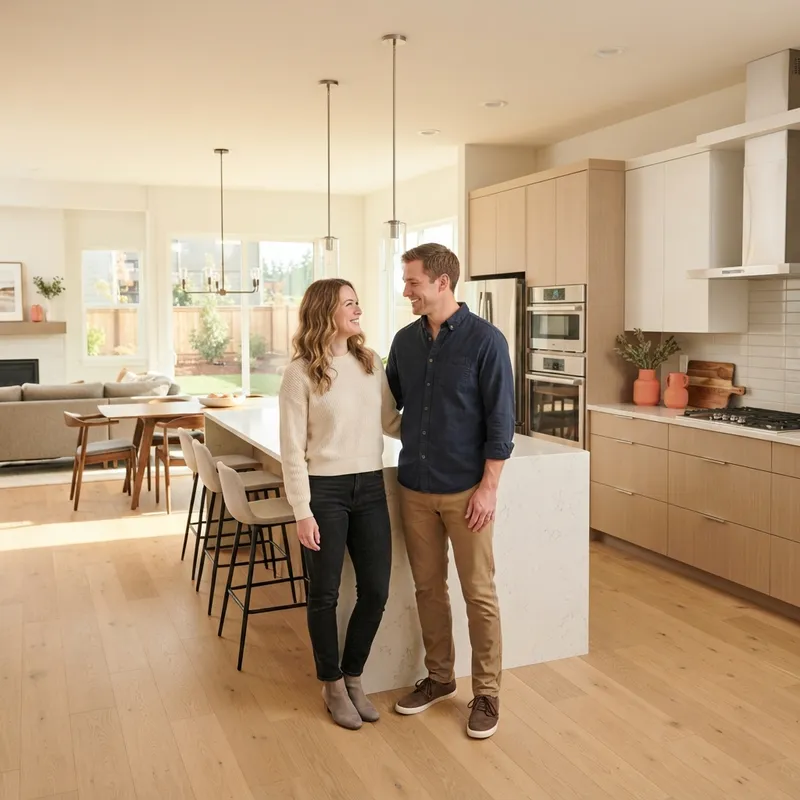 Couple standing confidently in a modern bright kitchen