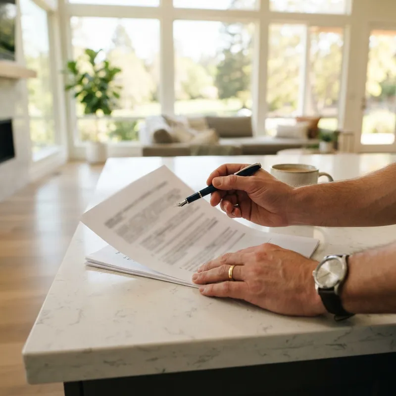 Hands reviewing real estate documents on a kitchen island