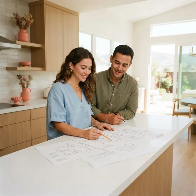 A couple reviewing home building plans in a modern kitchen
