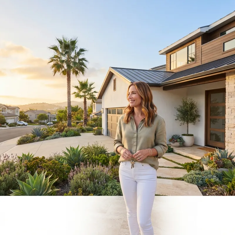 A new homeowner holding keys in front of a modern suburban property