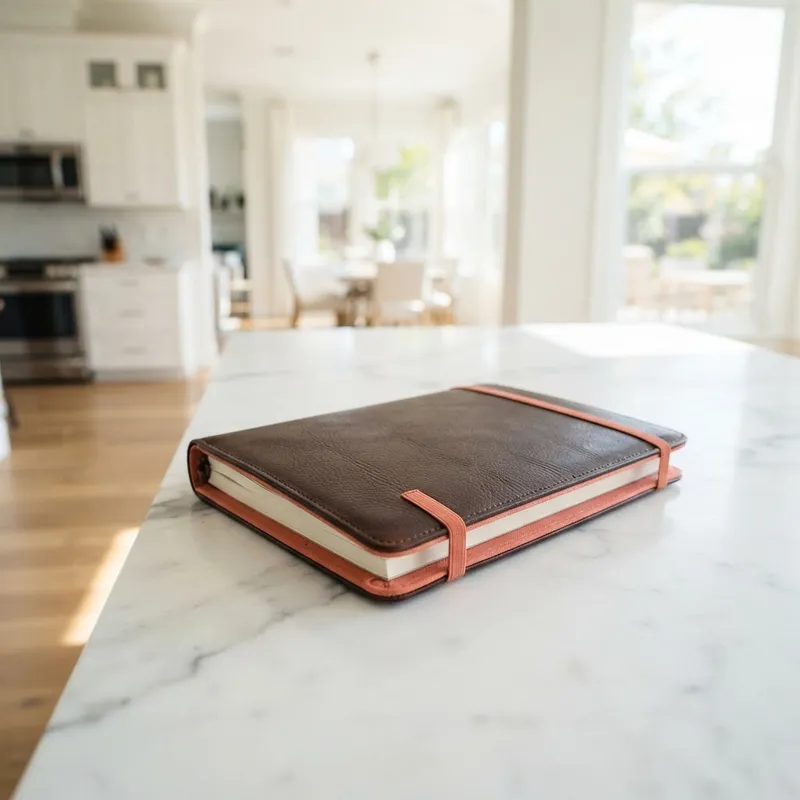 A professional folder on a clean marble surface in a new home