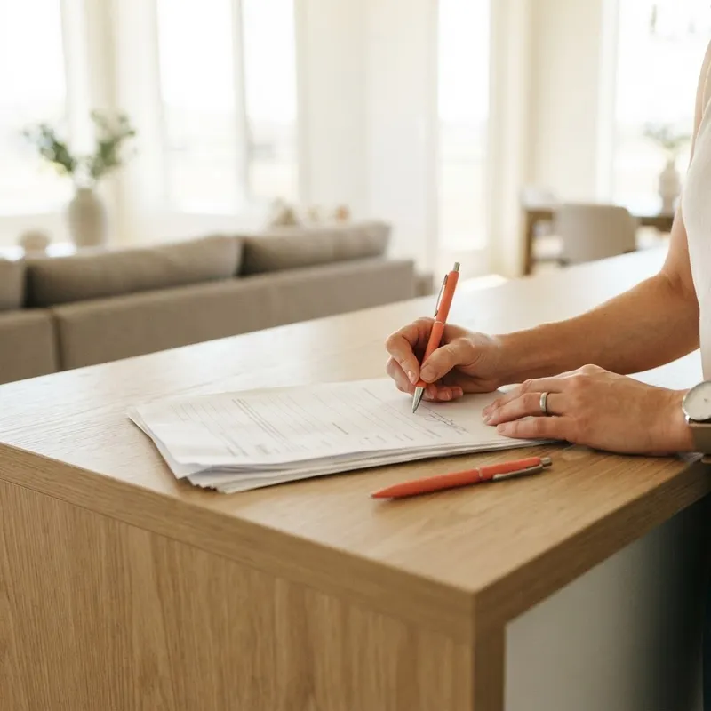 Buyer signing documents in a modern new home