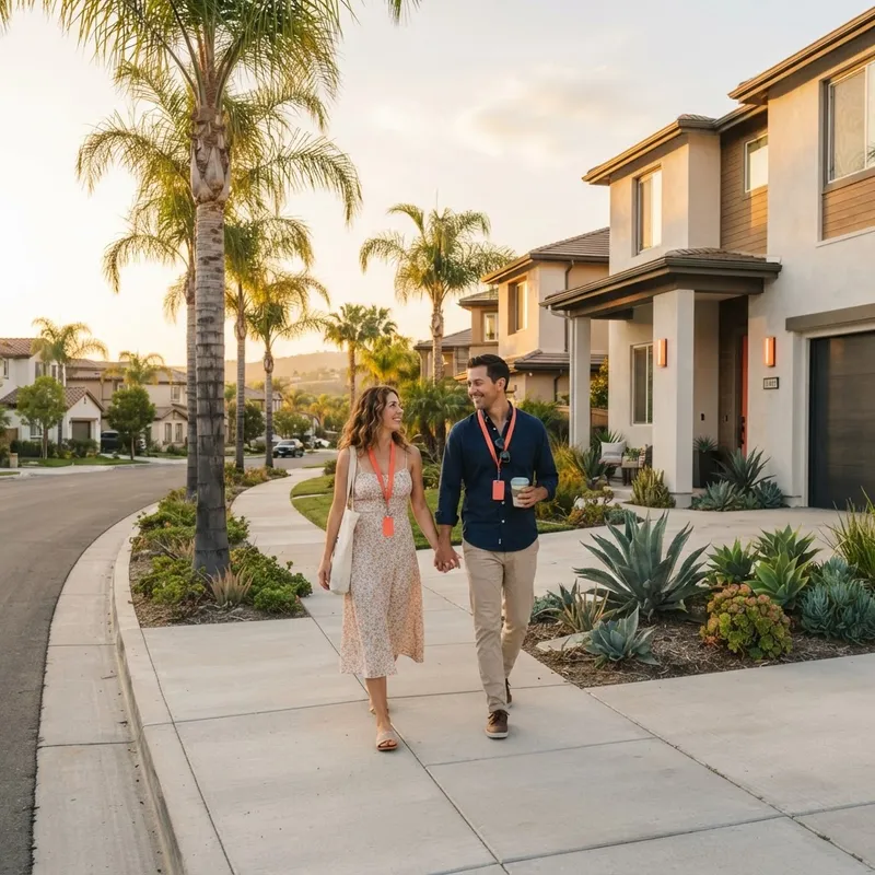 Couple walking confidently through a new California home community