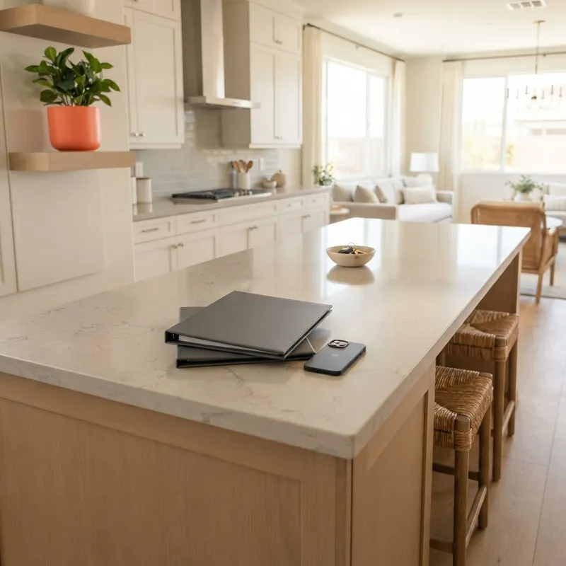 Organized negotiation materials on a modern kitchen island