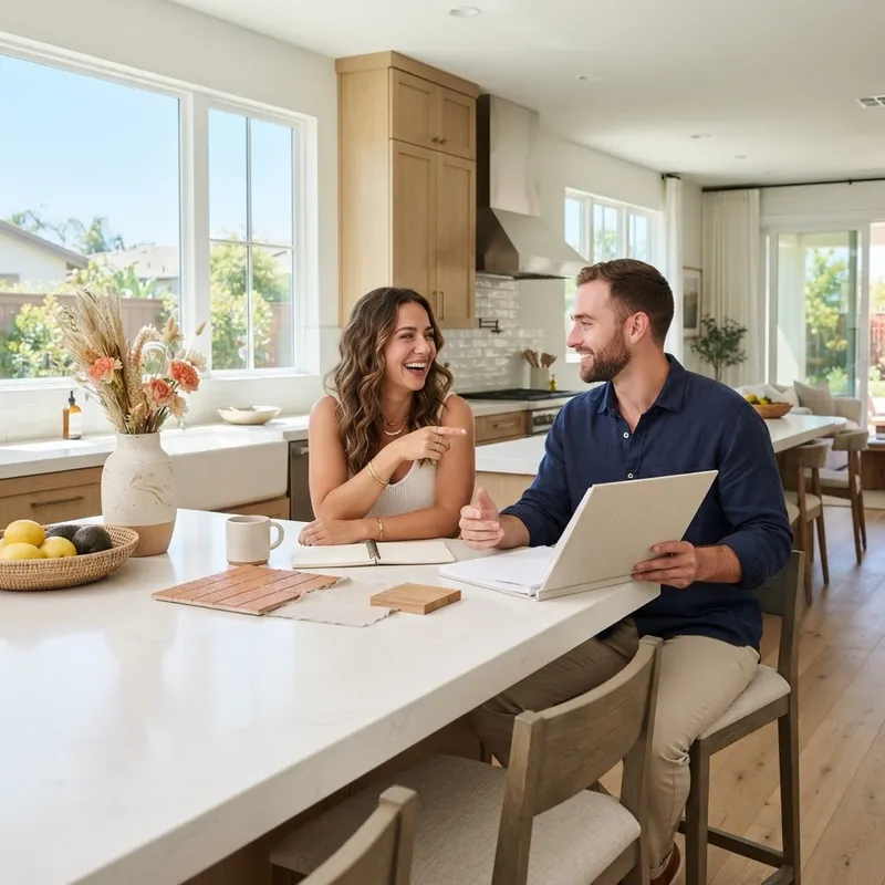 Couple having a confident conversation in a modern kitchen