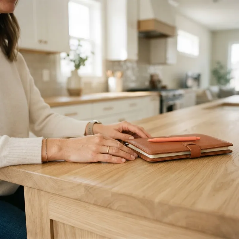 Close up of hands resting on a kitchen island with a pen