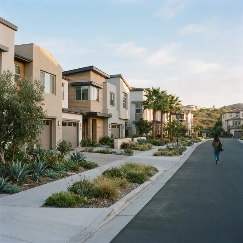 Modern Southern California new construction community street view