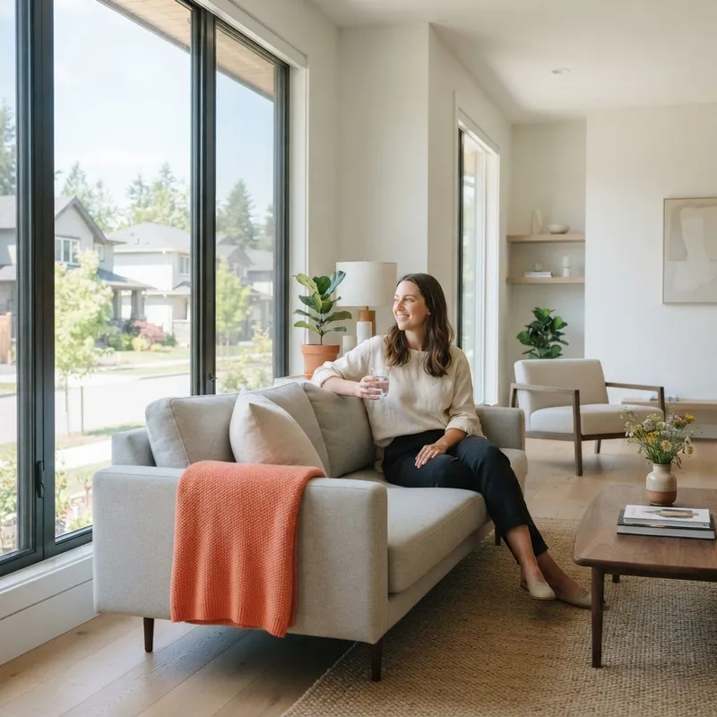 Person relaxing in a new home living room