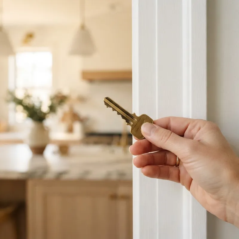 Close up of a house key held in front of a new home interior