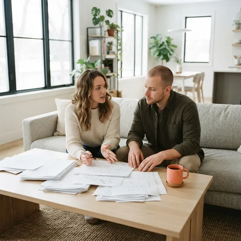 Couple reviewing home plans together in a sun-drenched living room