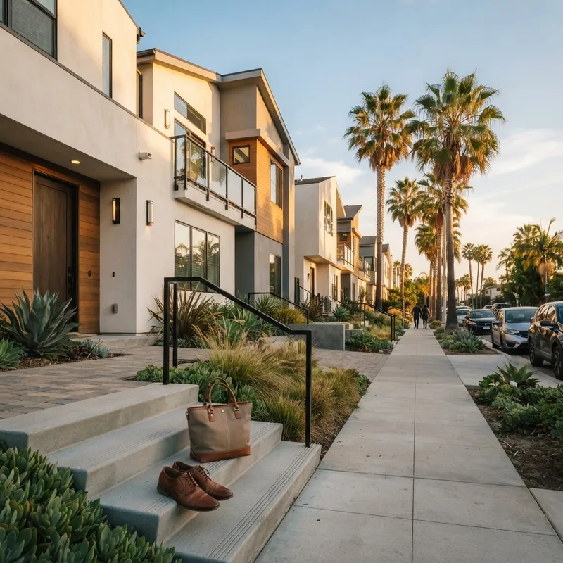 Modern Southern California suburban townhome architecture at golden hour