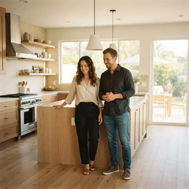 A couple discussing design options in a bright new kitchen
