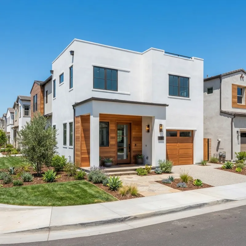 Modern new construction townhome exterior in Southern California