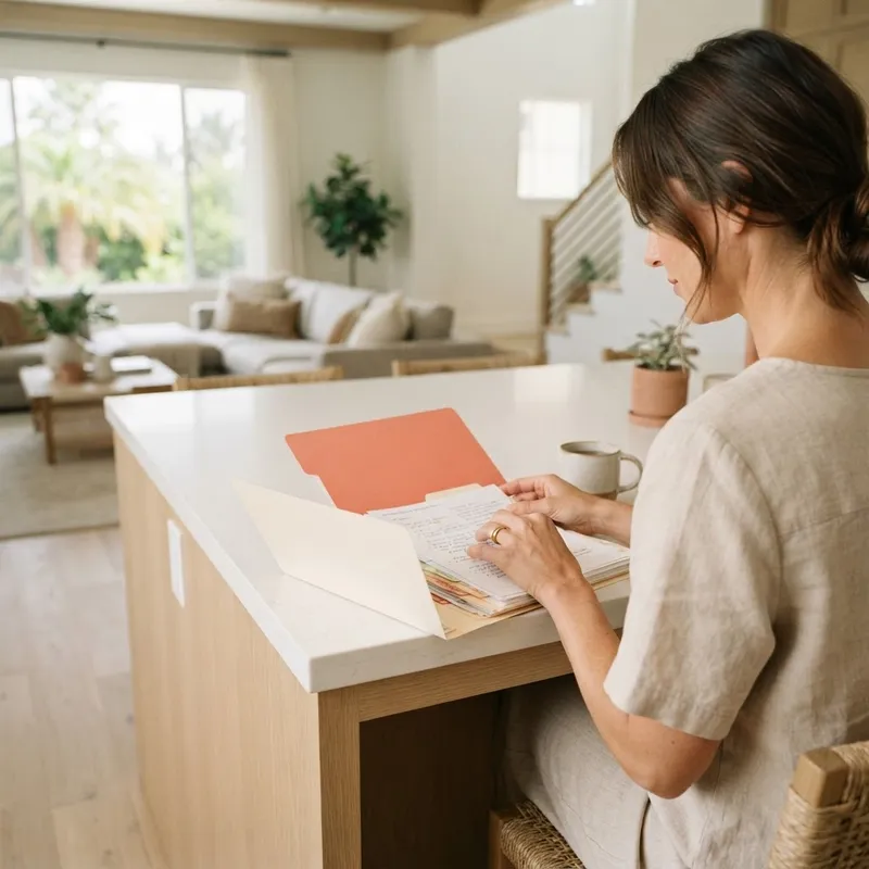 Person reviewing physical documents in a modern sunlit home