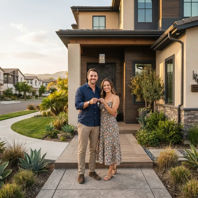 Couple standing at the front door of a new home